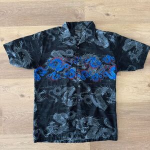 Vintage Y2K ODO Shirt Blue Dragon Button Up Short Sleeve AOP Rock Grunge anime M